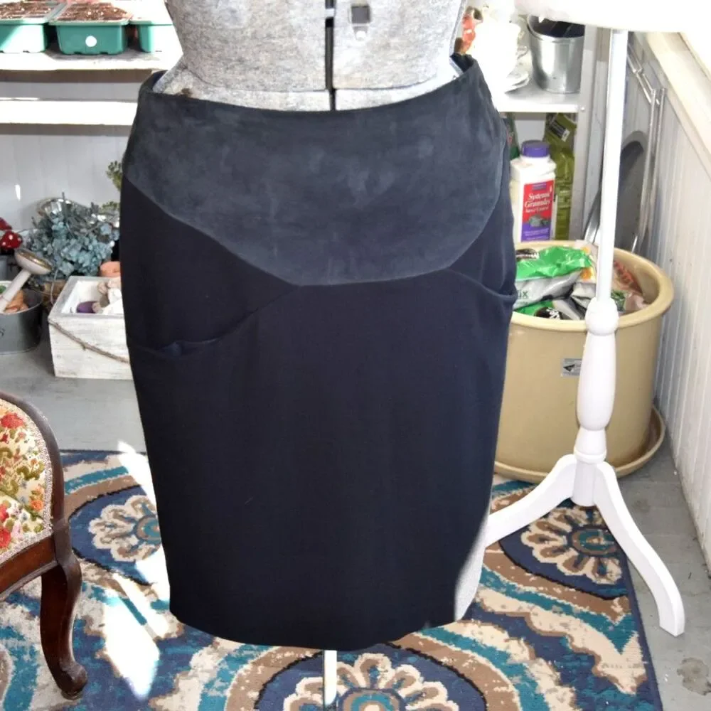 Y2K Les Prairies De Paris Black Pencil Skirt Faux Leather Waist 34x40 L